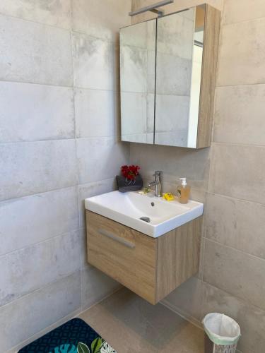 een badkamer met een wastafel en een spiegel bij Manaeva L6 in Faaa