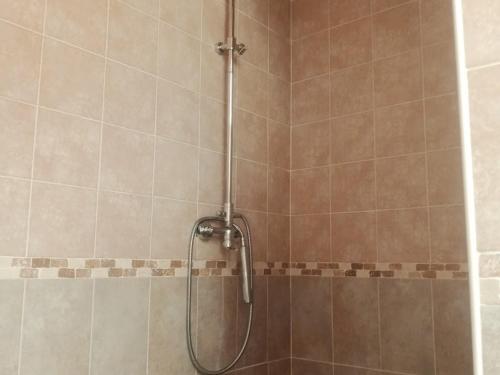 une salle de bain avec une douche avec pommeau de douche dans l'établissement Grand Chalet 5 pièces, 15 pers., cheminée, parking privé - Le Monêtier-les-Bains - FR-1-762-42, au Monêtier-les-Bains