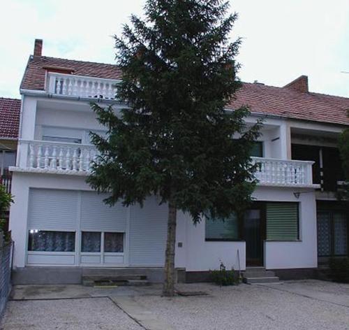 uma casa branca com uma árvore em frente em Jartó Apartman em Harkány