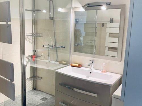 une salle de bain avec un lavabo et une douche avec un miroir dans l'établissement Studio Confortable avec Balcon, Parking et WIFI, à Proximité des Thermes et du Centre-Ville - FR-1-703-165, à Amélie-les-Bains-Palalda
