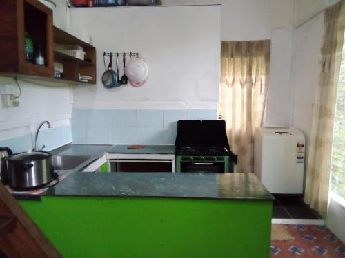 a kitchen with a green counter top and a stove at Island Home in Honiara