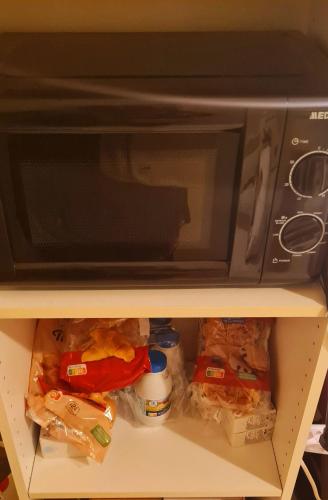 Un four micro-ondes est installé au-dessus d'un réfrigérateur. dans l'établissement Studio en face de la Cathédrale Saint Pierre Nantes, à Nantes