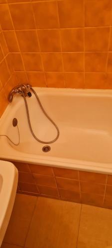 La salle de bains est pourvue d'une baignoire avec un tuyau. dans l'établissement Studio en face de la Cathédrale Saint Pierre Nantes, à Nantes