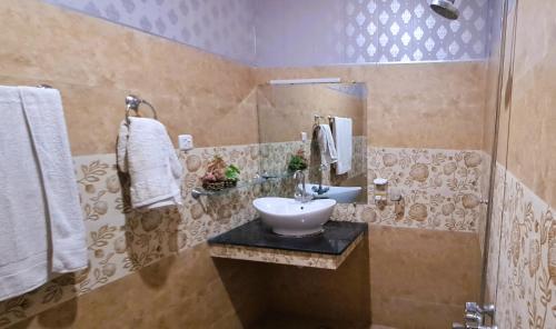 uma casa de banho com um lavatório e um chuveiro em Islamabad Layover Guest House Free Airport Pick and Drop em Islamabad