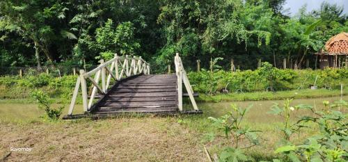 a wooden bridge over a body of water at Damodar River Retreat, Uluberia in Uluberiya