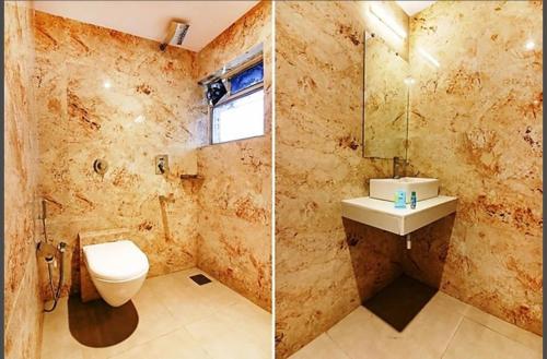 two pictures of a bathroom with a toilet and a sink at Hotel Pearl Grand, Zirakpur - Top Rated & Most Awarded Property in Tricity in Chandīgarh