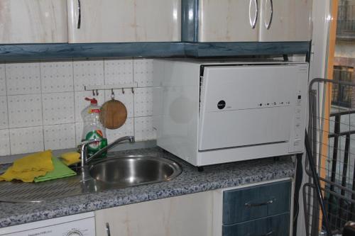 a kitchen counter with a sink and a microwave at The Flats in Avila