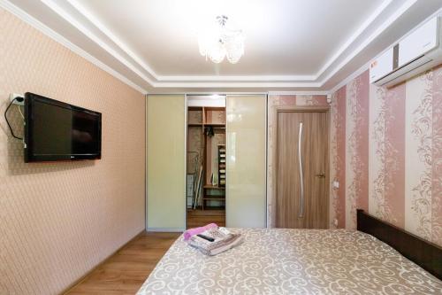 1 dormitorio con 1 cama y TV en la pared en Kvartirkoff na Obolonskiy prospekt 37, en Kiev
