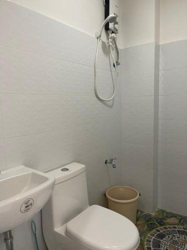 ein Bad mit einem WC, einem Waschbecken und einer Dusche in der Unterkunft Dapitan Travellers Inn in Dapitan