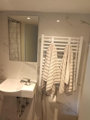 Baño blanco con lavabo y espejo en Cozy apartment, en Eberbach