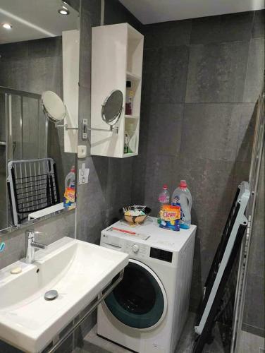 uma casa de banho com uma máquina de lavar roupa e um lavatório em Les Jasmins de Hammamet em Hammamet