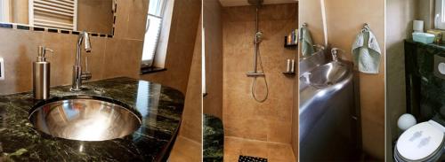 two pictures of a bathroom with a sink and a shower at Ferienhaus in Hamburg (Niendorf) im Naturschutzgebiet in Hamburg