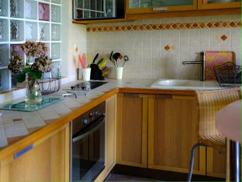 a kitchen with a sink and a counter top at Petit coin de paradis, vue panoramique mer &montagne, piscine privée... in Calcatoggio