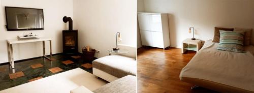 two pictures of a bedroom with a bed and a tv at Ferienhaus in Hamburg (Niendorf) im Naturschutzgebiet in Hamburg