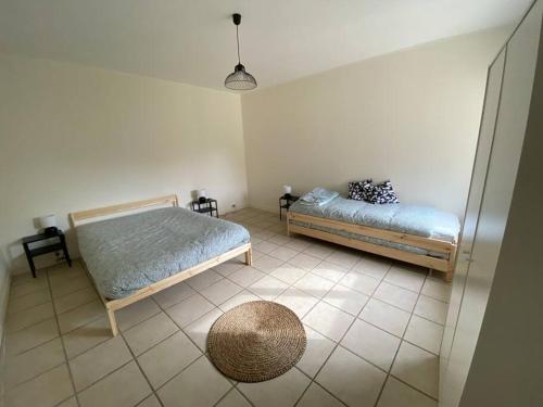 ein Schlafzimmer mit 2 Betten und einem Teppich auf dem Boden in der Unterkunft Maison à Pouilly en Auxois in Pouilly-en-Auxois