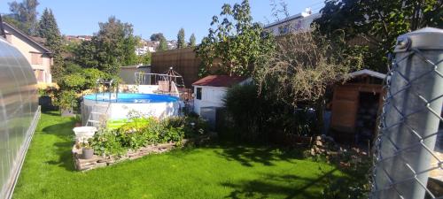 a backyard with a swimming pool and green grass at Bijou 1 Hübsche 1 Zimmer Wohnung in Herisau