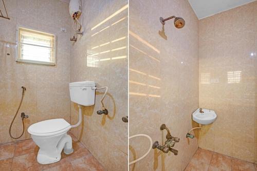 two pictures of a bathroom with a toilet and a sink at Comfort Park Inn (Unit of Prohotel) in Chennai