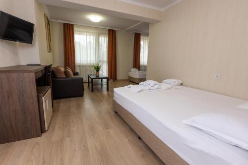 a hotel room with two beds and a television at Hotel Nikol in Dolna Banya