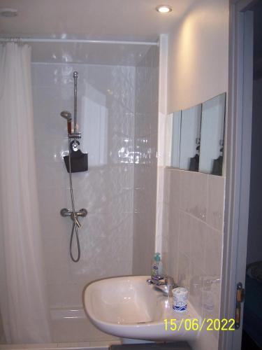 La salle de bains est pourvue d'un lavabo et d'une douche. dans l'établissement Grande chambre, vue sur toits, cyclistes bienvenus, à Béziers