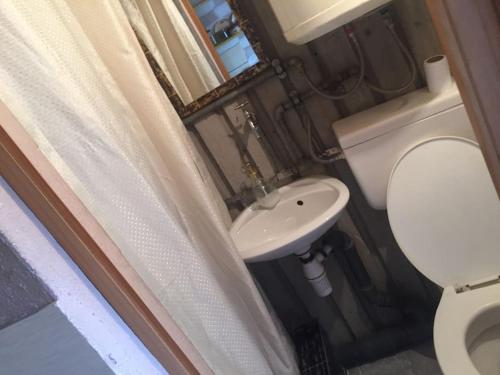 a small bathroom with a toilet and a sink at Art Gallery Apartment in Skopje