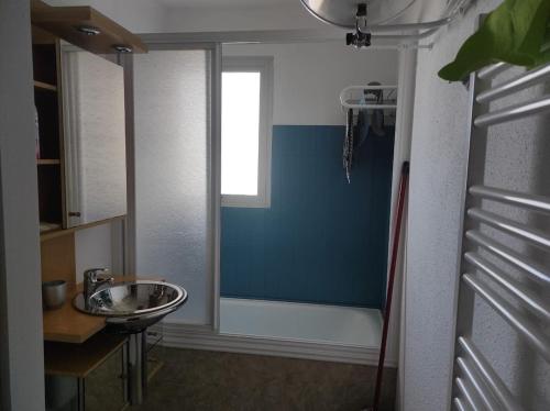 ein Badezimmer mit einem Waschbecken und einer blauen Wand in der Unterkunft Apartamento Pla d'adet Saint Lary in Saint-Lary-Soulan