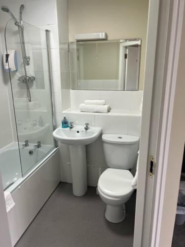 La salle de bains est pourvue de toilettes, d'un lavabo et d'une douche. dans l'établissement The Rose and Crown, à Huddersfield