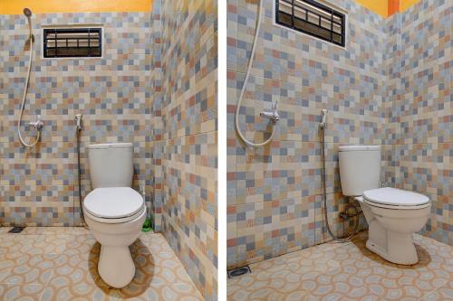 - deux photos d'une salle de bains avec toilettes et douche dans l'établissement OYO 92806 Penginapan Geby Syariah, à Pekanbaru