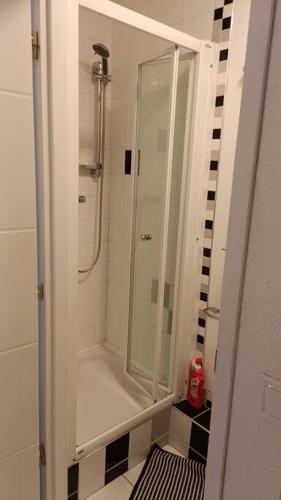 ein Bad mit einer Dusche und einer Glastür in der Unterkunft studio en face des salines in Salins-les-Bains