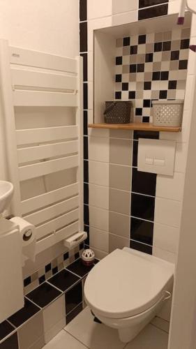 ein Bad mit einem WC und schwarzen und weißen Fliesen in der Unterkunft studio en face des salines in Salins-les-Bains