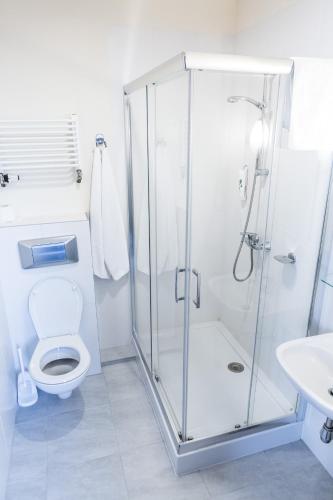 a bathroom with a shower and a toilet and a sink at ibis Styles Warszawa West in Mory