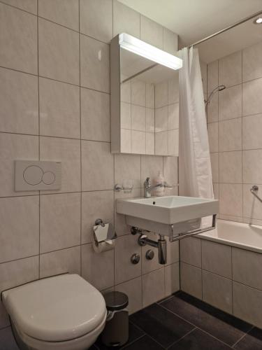 a bathroom with a white toilet and a sink at Apartment Via Surpunt - Anda in St. Moritz
