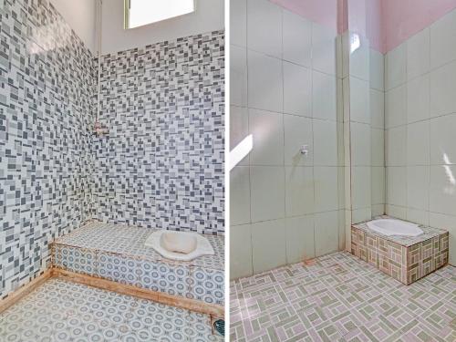 2 fotografías de un baño con ducha y aseo en SPOT ON 92801 Penginapan Puti Syariah en Pekanbaru