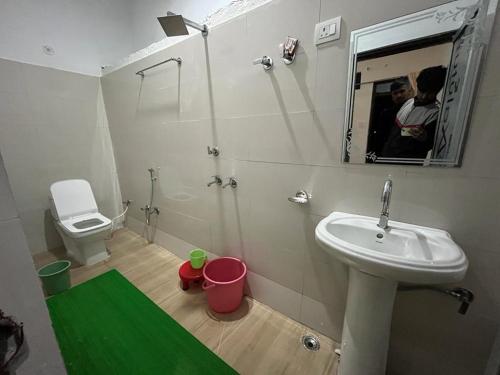 a bathroom with a sink and a toilet and a mirror at King of Himalaya Homestay in Sari