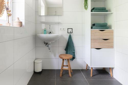 een badkamer met een wastafel en een kruk bij Luxe Vakantiehuis Grove Den Veluwe in Nunspeet