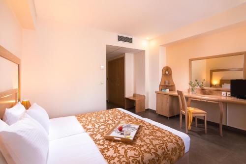 a hotel room with a bed and a desk at Alexandros Palace in Ouranoupoli