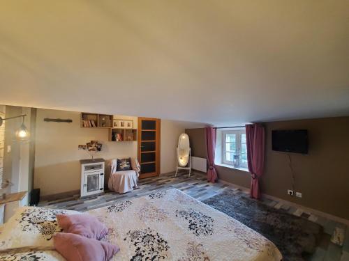 - une chambre avec un grand lit et une cheminée dans l'établissement Chambre 25m2 avec salle de douche, à Saint-André-de-la-Marche