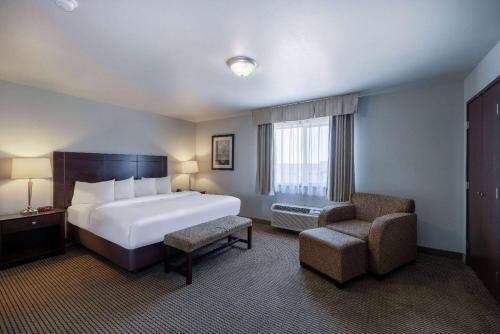 um quarto de hotel com uma cama e uma cadeira em Baymont by Wyndham Rapid City em Rapid City