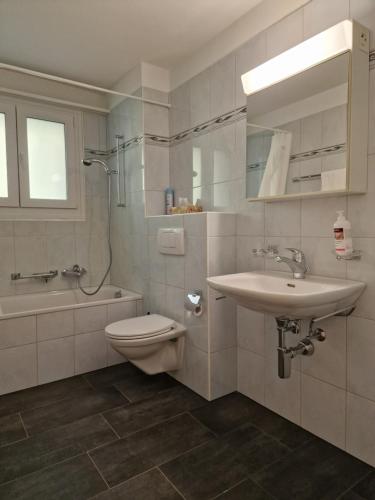 bagno con lavandino, servizi igienici e lavandino di Apartment Via Surpunt - Casa - 5 Rooms a Sankt Moritz