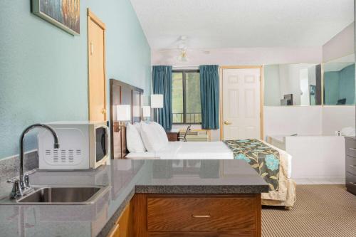 a kitchen with a sink and a bed in a room at Baymont by Wyndham Keystone Near Mt. Rushmore in Keystone