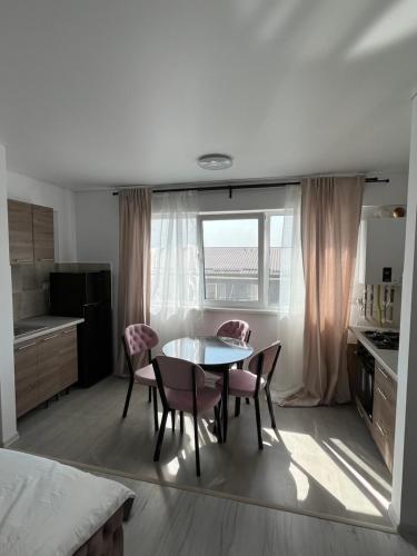 a kitchen and dining room with a table and chairs at Pollux Residence Militari ap 84 in Dudu