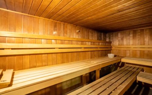 an empty sauna with wooden benches in it at Abba Ordino Babot Hotel in Ordino