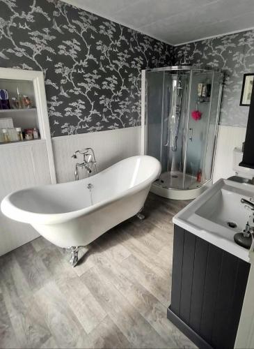 a bathroom with a tub and a shower and a sink at La maison d'Innes in Lamagdelame