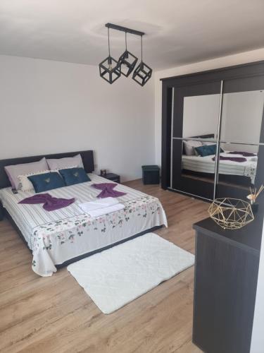 a bedroom with a large bed and a mirror at Andreea's place in Braşov