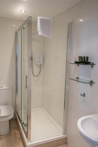 a bathroom with a shower and a toilet and a sink at Can-Y-Bae Hotel in Llandudno
