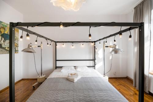 een slaapkamer met een zwart hemelbed met verlichting bij Malarskie Atelier in Toruń