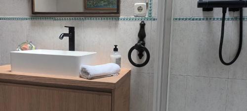 La salle de bains est pourvue d'un lavabo blanc et d'une douche. dans l'établissement Descanso en Burgozarre, à Mungia
