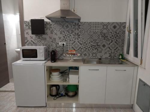 eine weiße Küche mit einer Mikrowelle und einer Theke in der Unterkunft Residenze Amelia in Parma