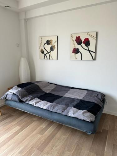 uma cama num quarto com duas fotografias na parede em City Apartment Dæmningen Vejle em Vejle