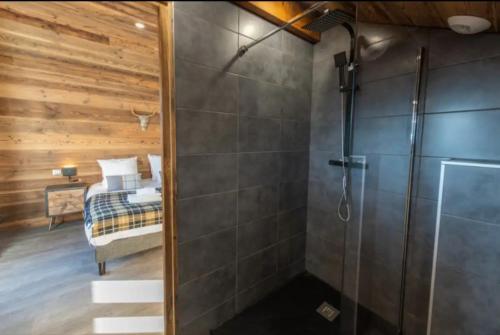 a bathroom with a walk in shower and a glass shower stall at Chalet 2 sur la route du tour in LʼHuez