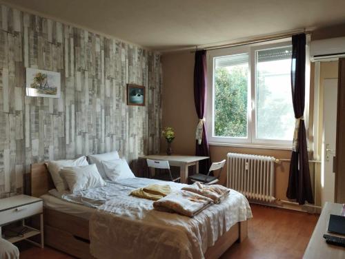 ブダペストにあるPötyi Flatのベッドルーム(ベッド1台、窓付)